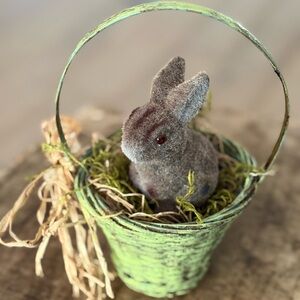Vintage Hand Crafted Bunny in Green Rustic Easter Basket Spring Home Decor